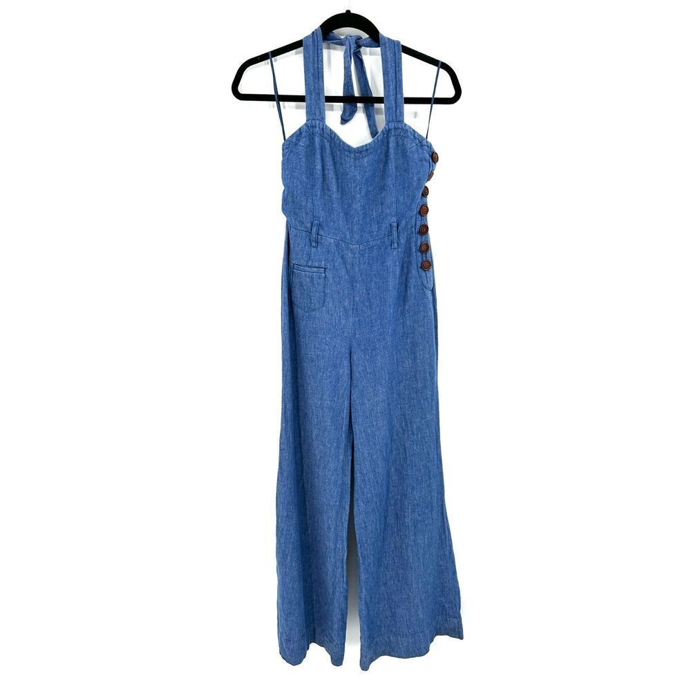 ANTHROPOLOGIE Elevenses Linen Blend Wide Leg Halter Top Side Zip Jumpsuit Size 0